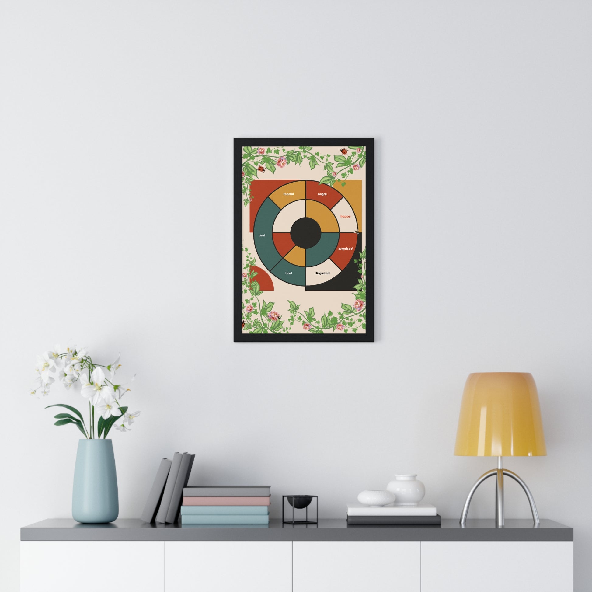 Framed Feeling Wheel Bauhaus Abstract Poster with Vines & Flowers | Framed Wall Art