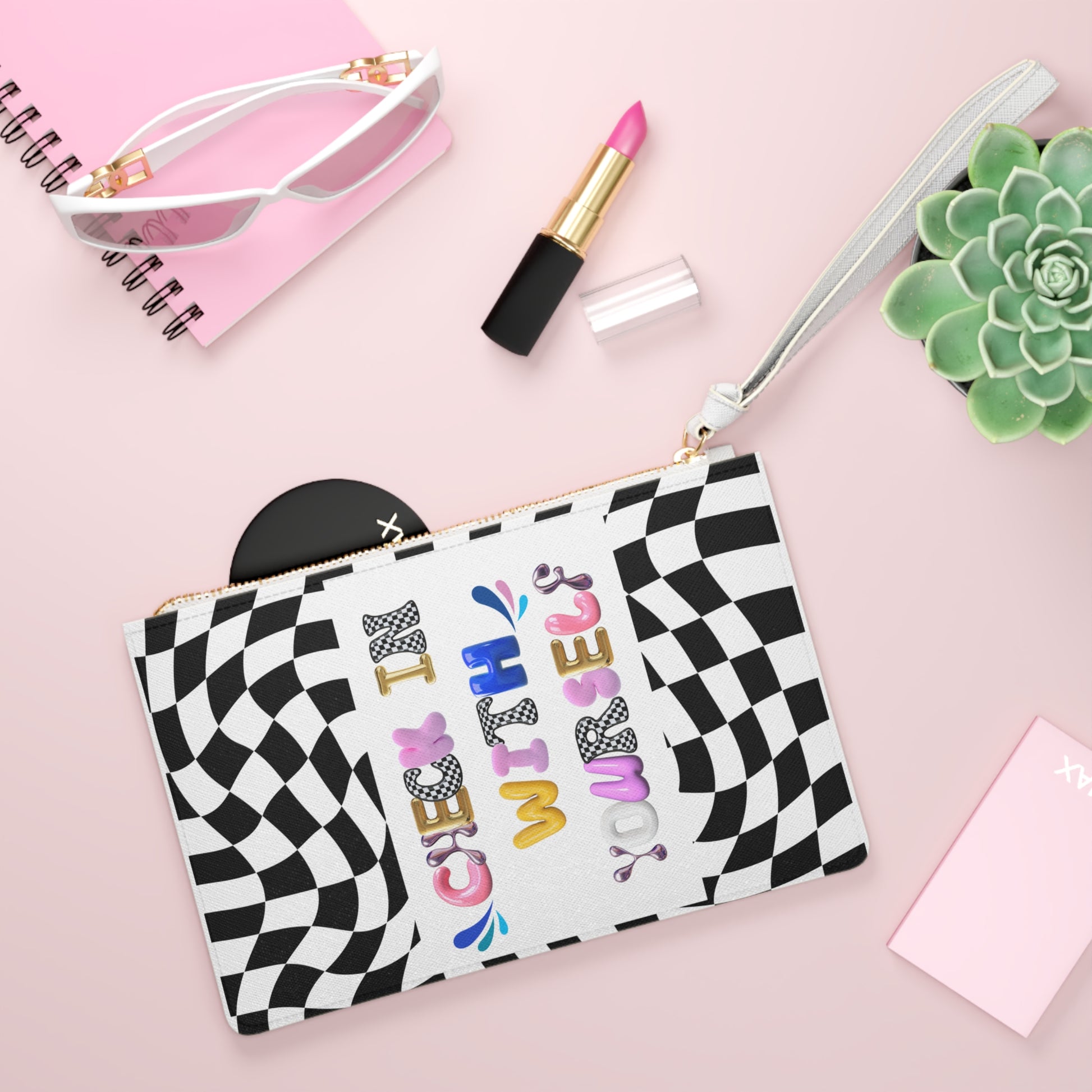 Bubble Letter Check In With Yourself Clutch Bag | Wellness Fashion | School Office Therapy Makeup Bag Gift