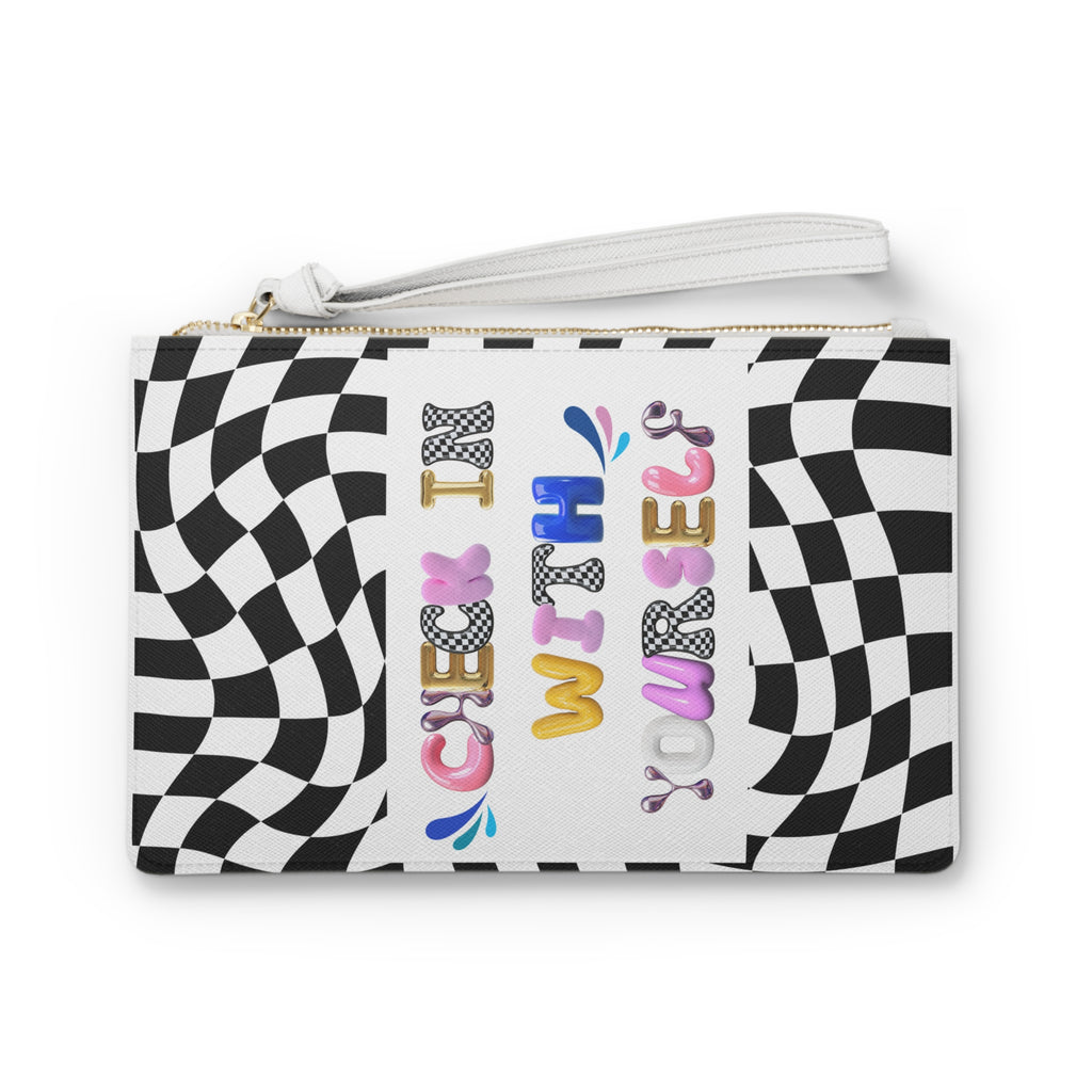 Bubble Letter Check In With Yourself Clutch Bag | Wellness Fashion | School Office Therapy Makeup Bag Gift