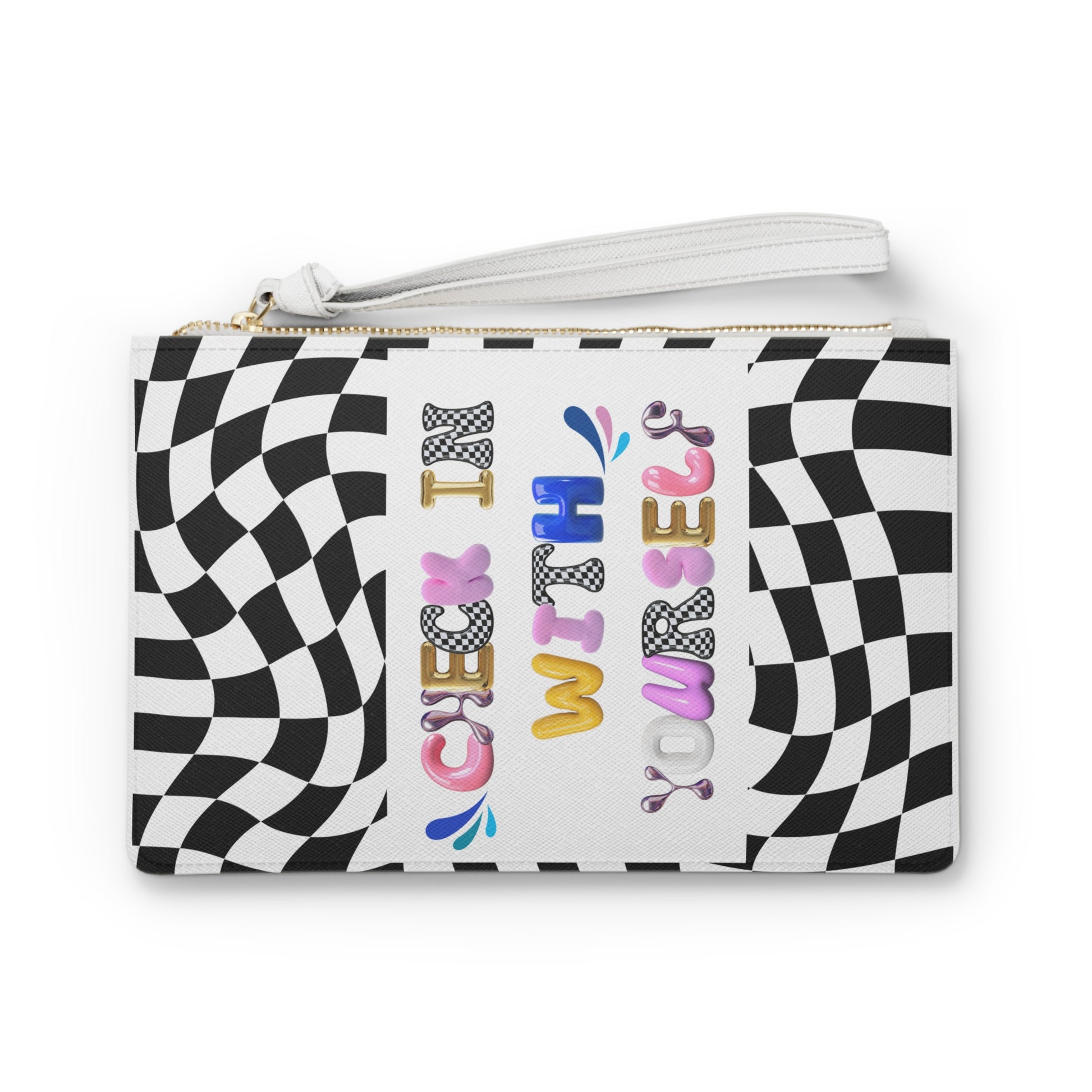 Bubble Letter Check In With Yourself Clutch Bag | Wellness Fashion | School Office Therapy Makeup Bag Gift