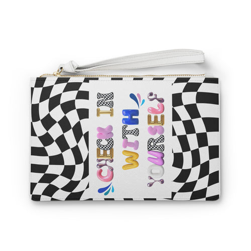Bubble Letter Check In With Yourself Clutch Bag | Wellness Fashion | School Office Therapy Makeup Bag Gift