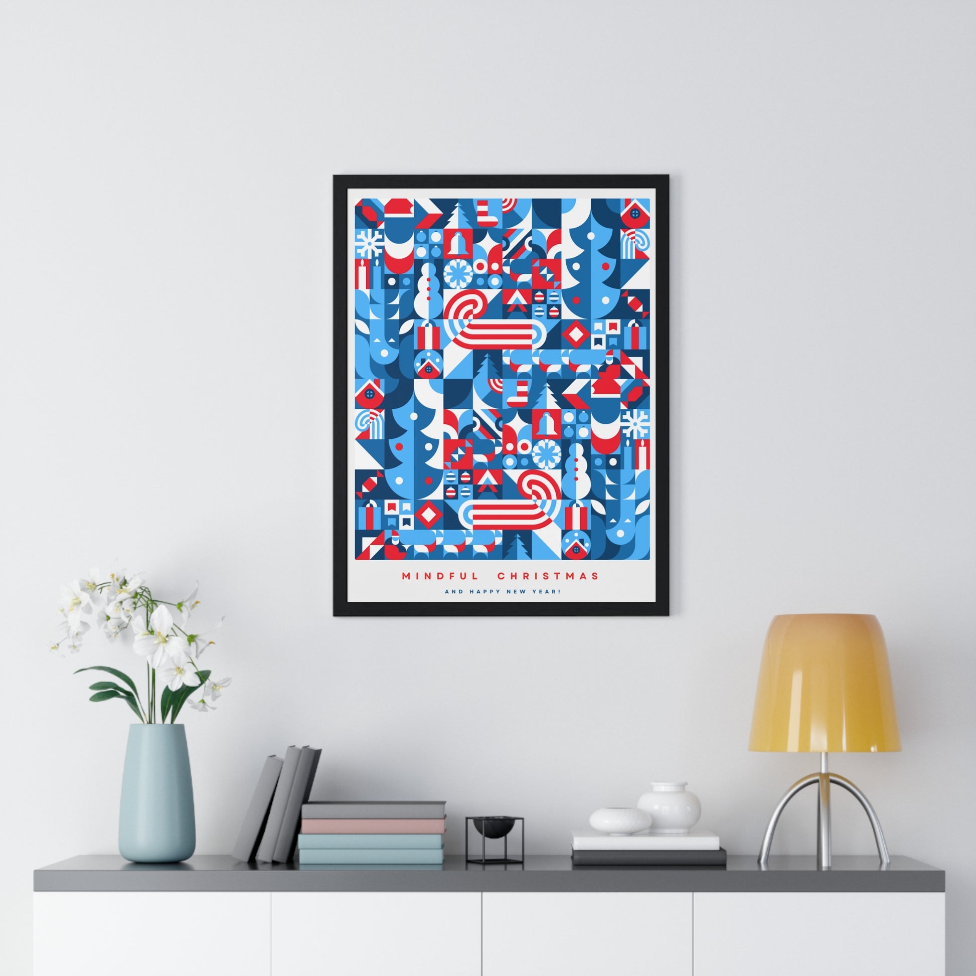 Framed Mindful Christmas Bauhaus Inspired Poster | Holiday Wall Art | Healing Therapy Office Christmas Gift