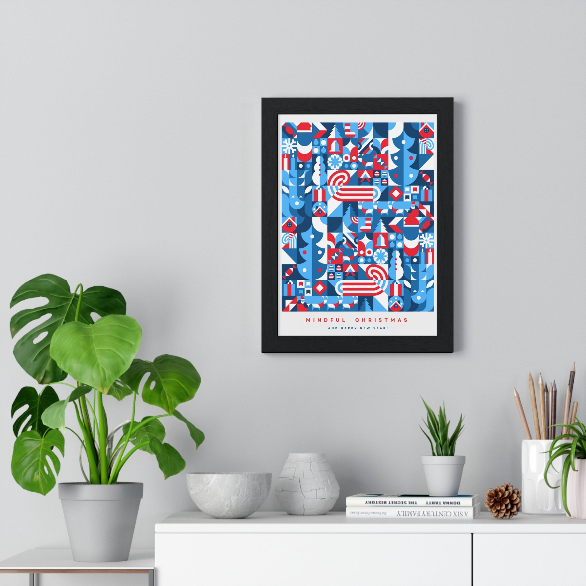 Framed Mindful Christmas Bauhaus Inspired Poster | Holiday Wall Art | Healing Therapy Office Christmas Gift