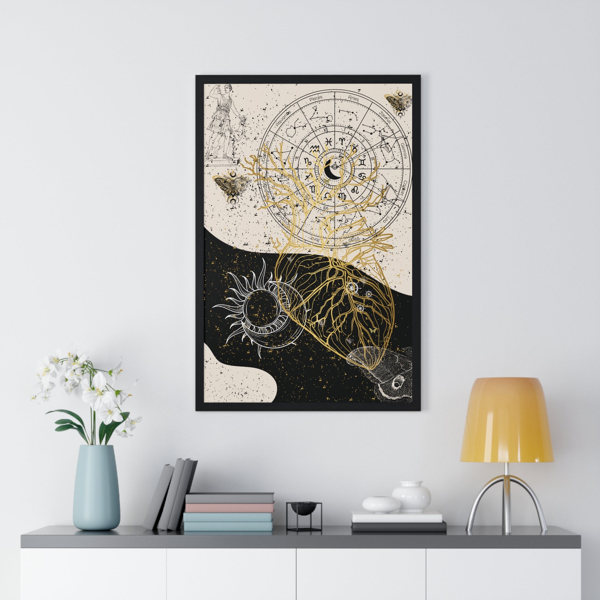 Framed Astrological Art Print, Celestial Wall Decor, Zodiac Poster, Astrology Gift, Horoscope Art, Bohemian Home Decor