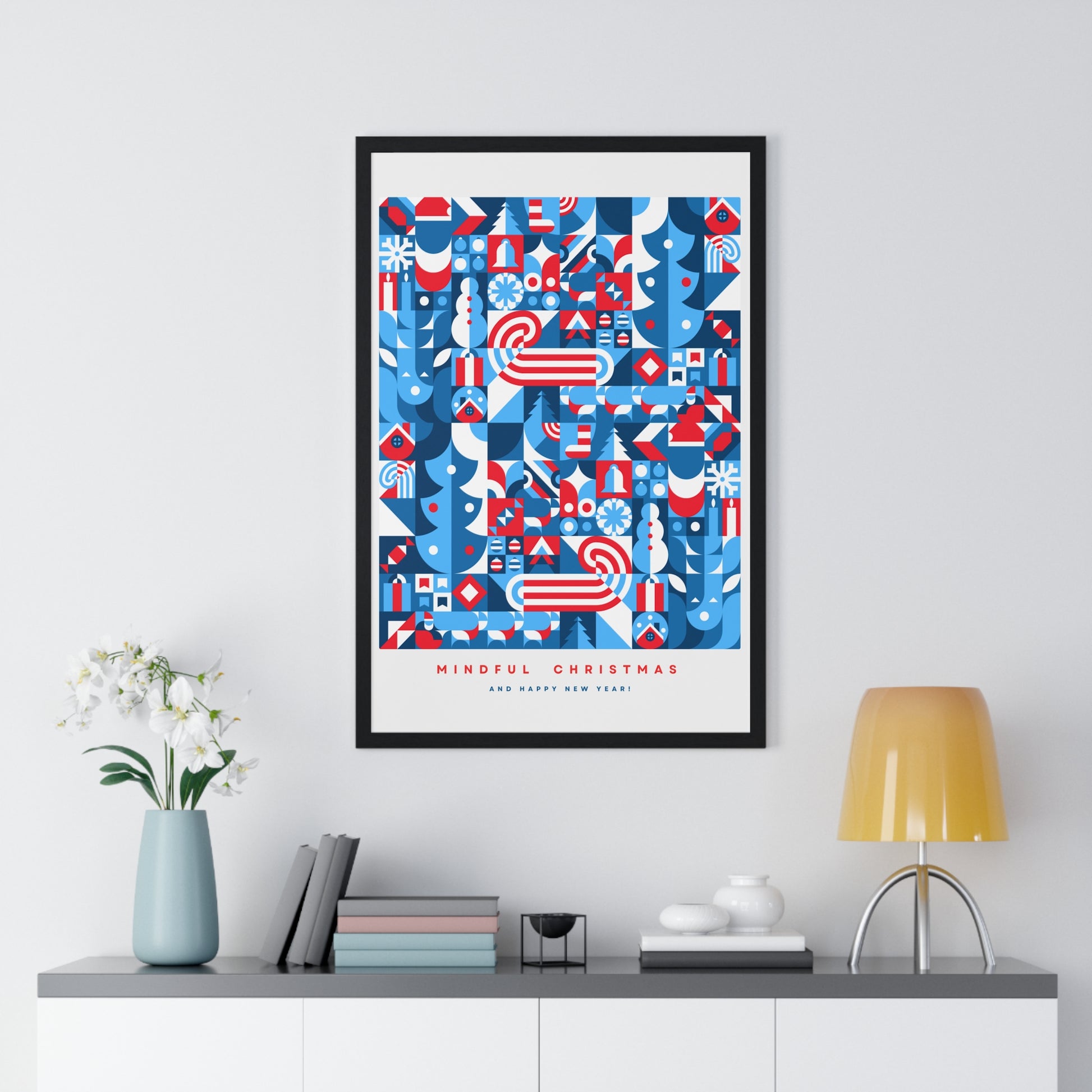 Framed Mindful Christmas Bauhaus Inspired Poster | Holiday Wall Art | Healing Therapy Office Christmas Gift