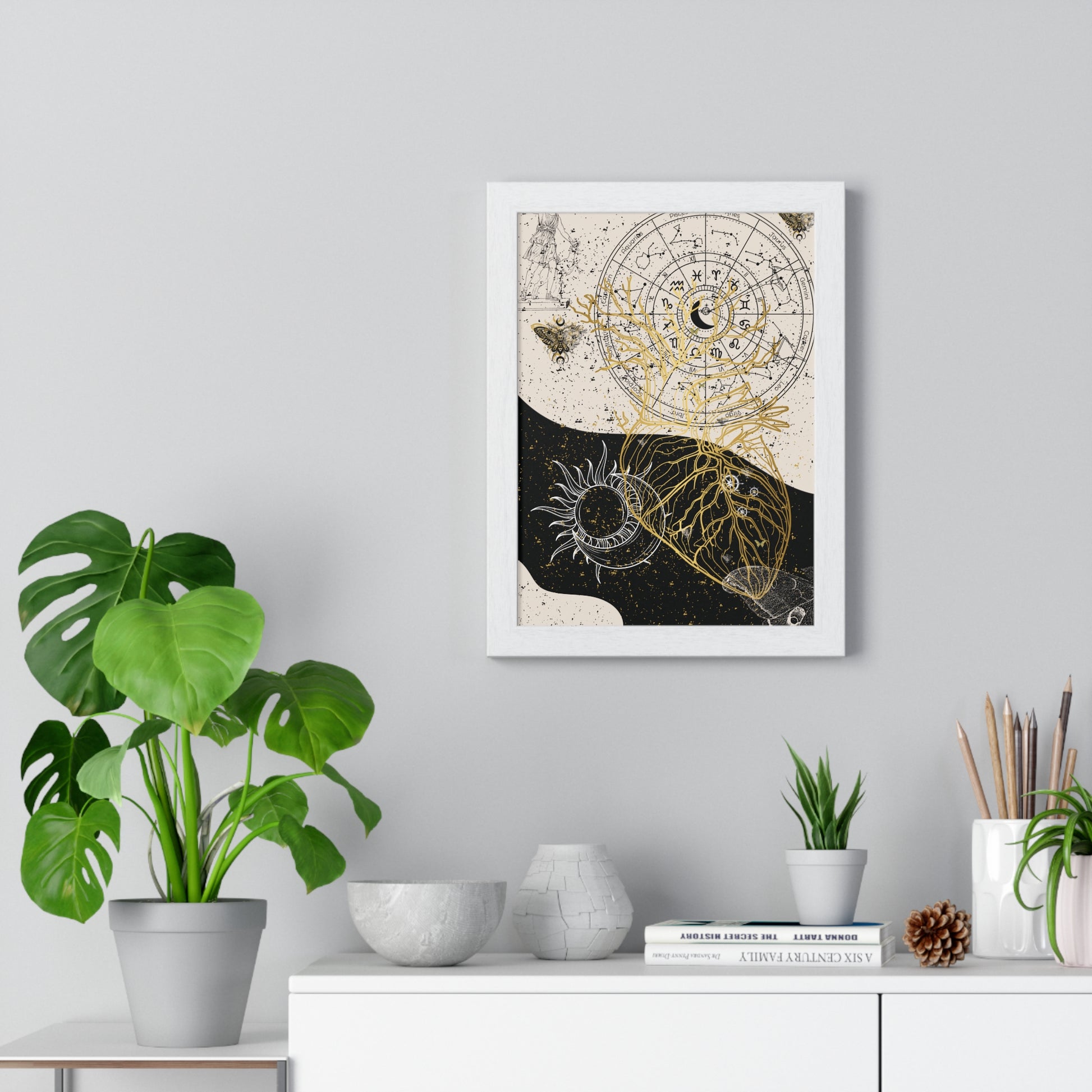 Framed Astrological Art Print, Celestial Wall Decor, Zodiac Poster, Astrology Gift, Horoscope Art, Bohemian Home Decor