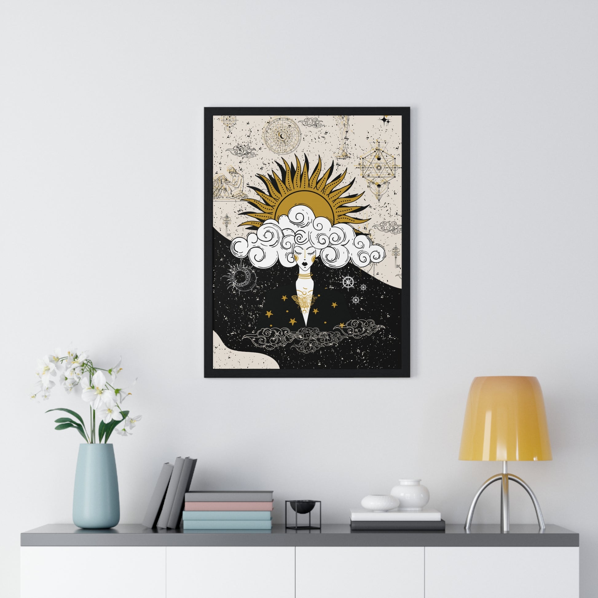 Framed Divine Feminine Meditation Among Stars Vertical Framed Poster, Alchemy Art, Home Decor, Unique Gift, Celestial Art Print