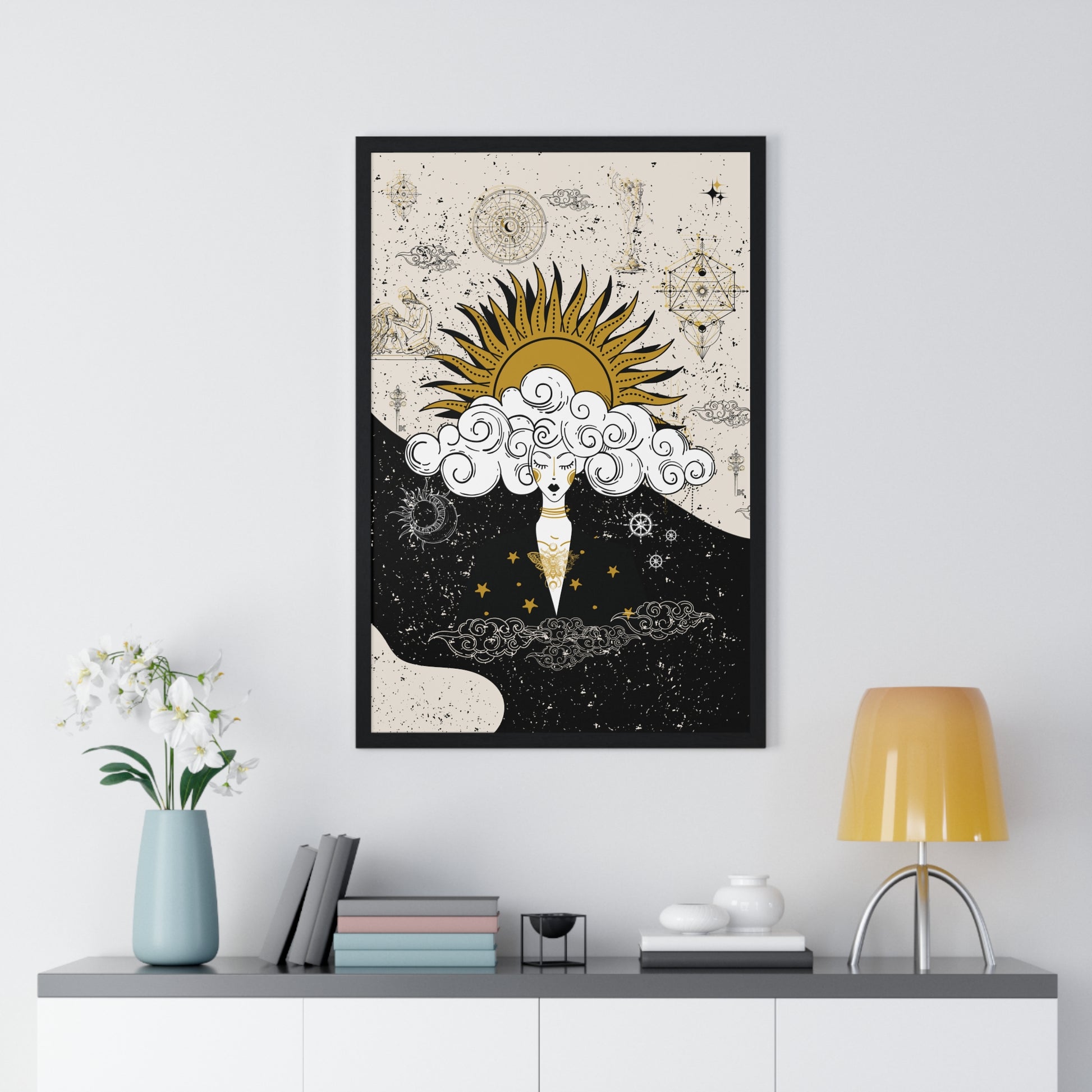 Framed Divine Feminine Meditation Among Stars Vertical Framed Poster, Alchemy Art, Home Decor, Unique Gift, Celestial Art Print