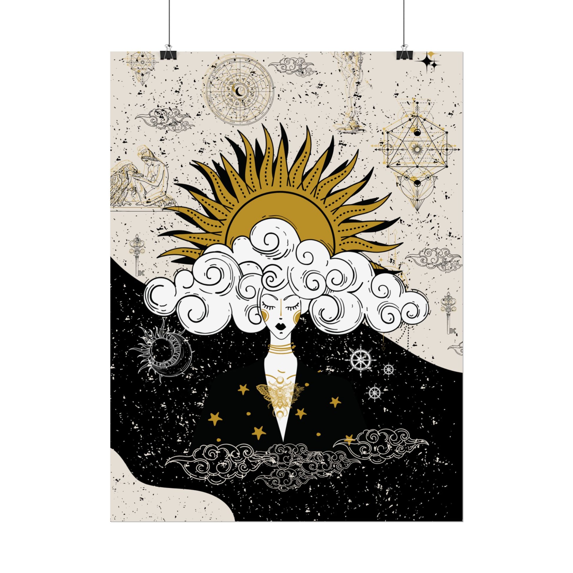 Rolled Posters Divine Feminine Meditation Among Stars Vertical Framed Poster, Boho Wall Decor, Astrology Prints, Home Decor Gift