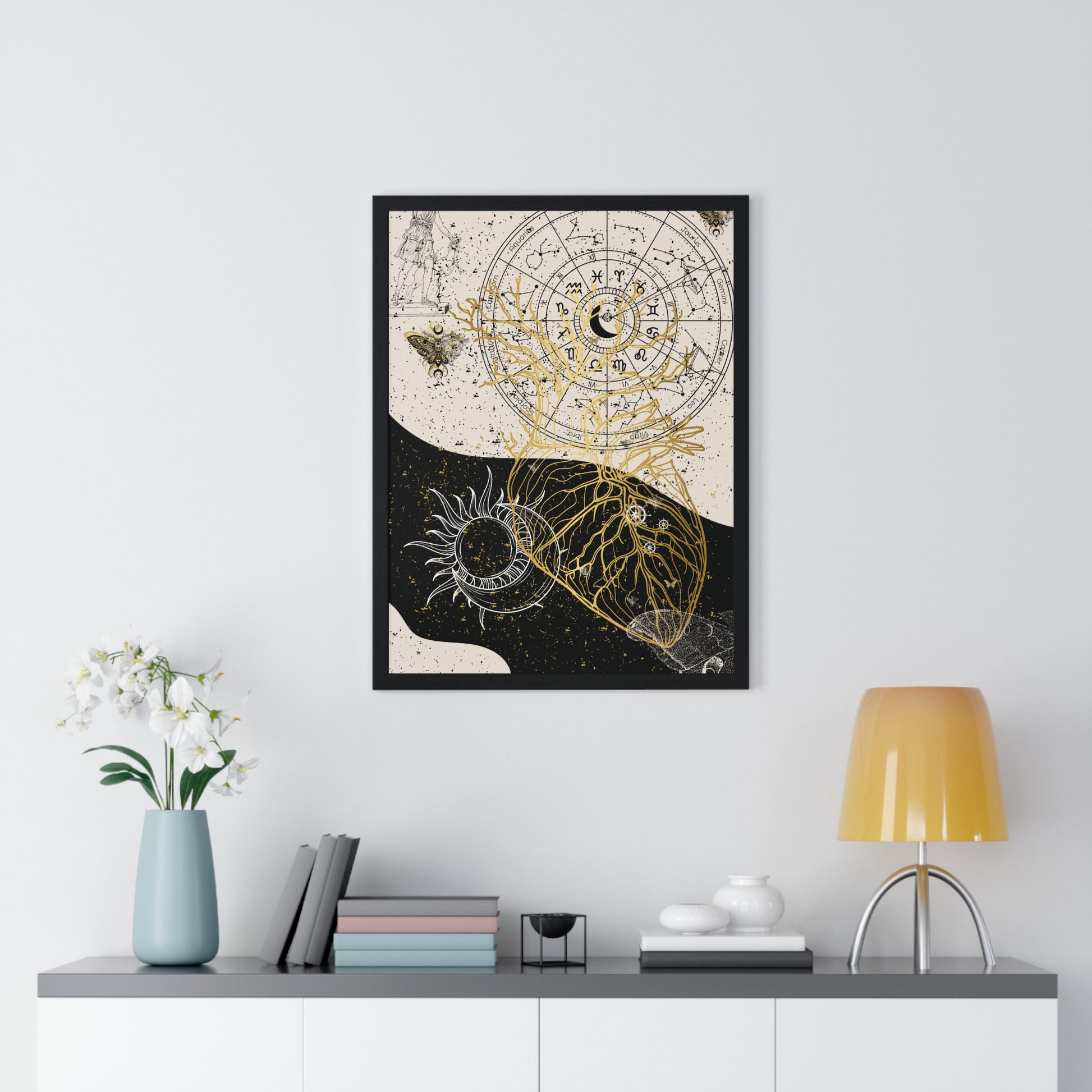 Framed Astrological Art Print, Celestial Wall Decor, Zodiac Poster, Astrology Gift, Horoscope Art, Bohemian Home Decor